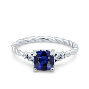 Art Deco Cushion Three Stone Wedding Bridal Ring Simulated Blue Sapphire CZ 925 Sterling Silver